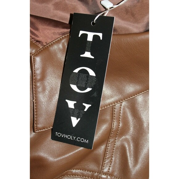 TOV Los Angeles Jacket NWT Brown Faux Leather Cropped Raw Cut Ruffled Size 12 - Picture 7 of 7